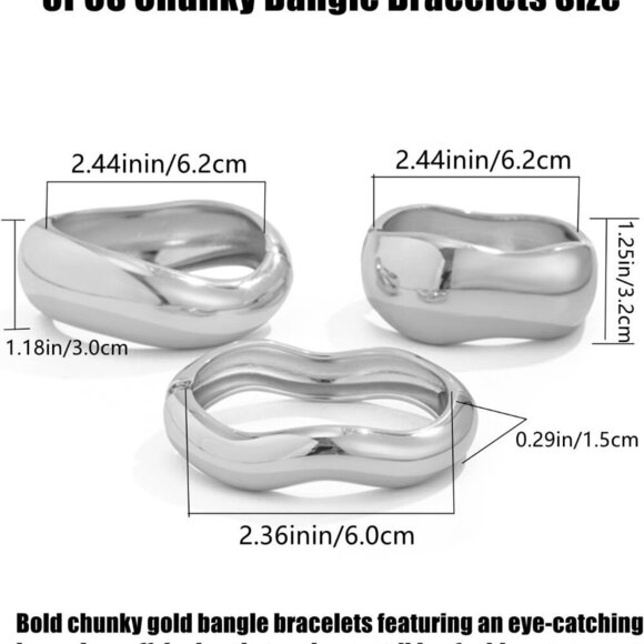 Chunky Gold Bangles Alloy 3pcs Stackable Irregular Cuff Statement Jewelry - Picture 4 of 6